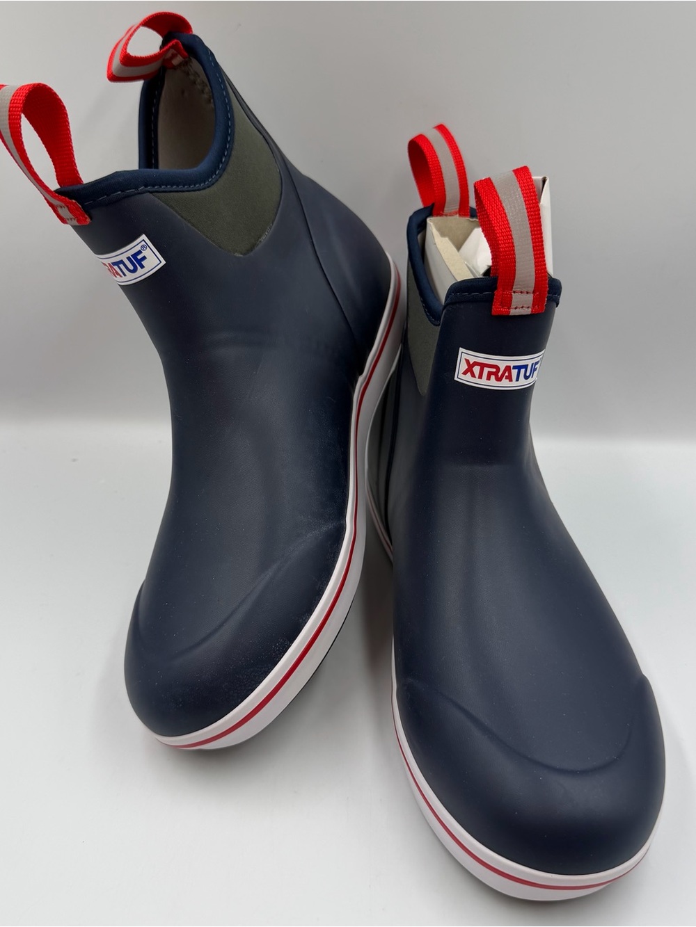 New Xtratuf Waterproof Ankle Deck Boot Men 9 Navy Red Slip Resistant Dbl Pull On